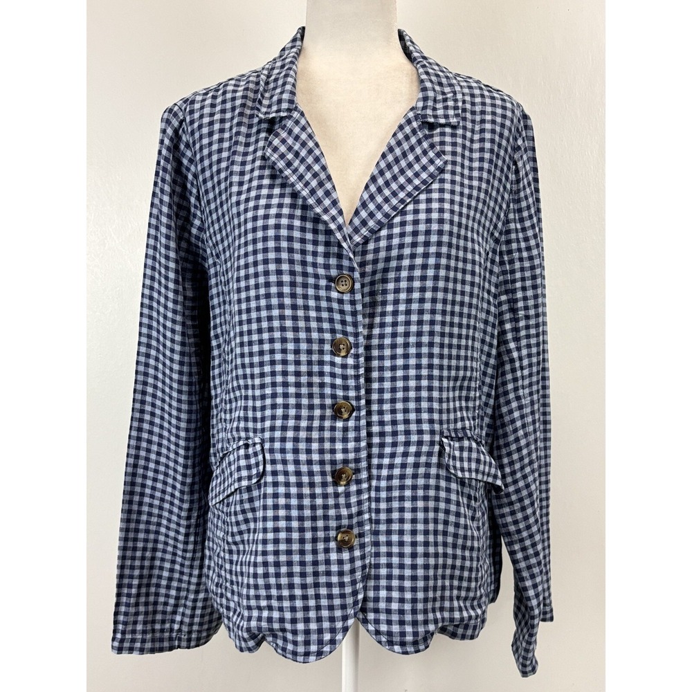 Women Sundance Ziri 100% Linen Blazer Jacket Large Blue Gingham VGUC